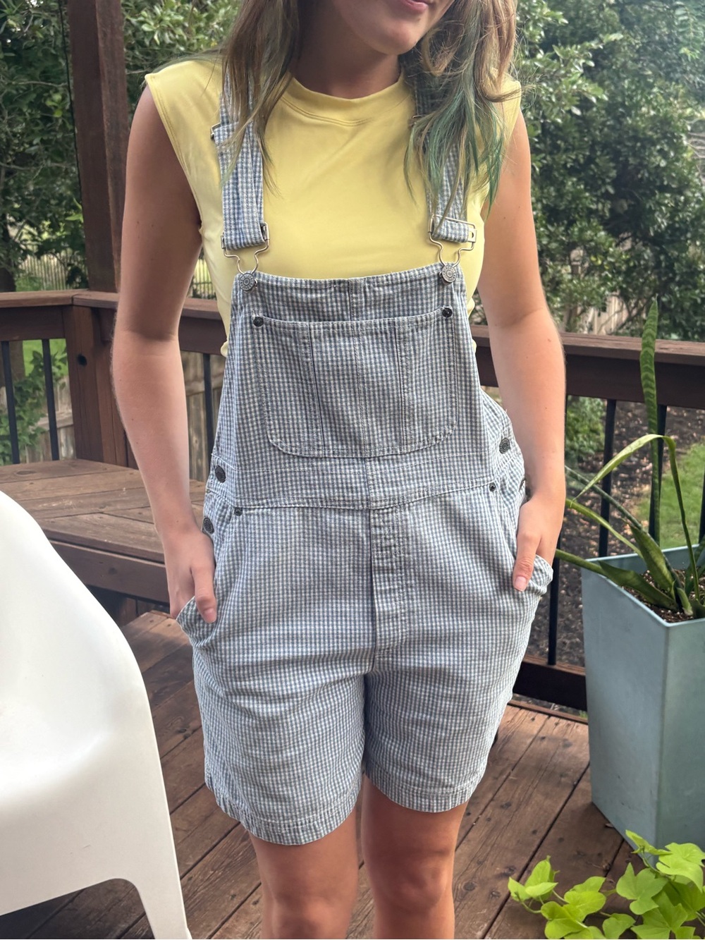 Vtg Y2K Bill Blass blue white gingham denim daisy Duke Farm Shortalls 32” waist
